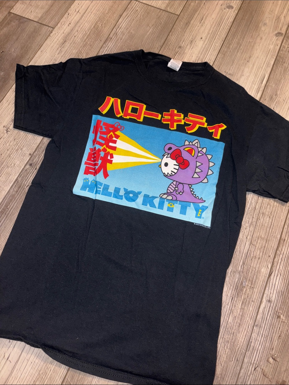 Small Hello Kitty Black Tee with Purple Dino Graphic and Bright Accents